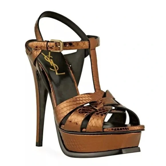 PRE-OWNED - Yves Saint Laurent Tribute Metallic Snakeskin Heel Sandals Size 39.5 - Picture 14 of 14